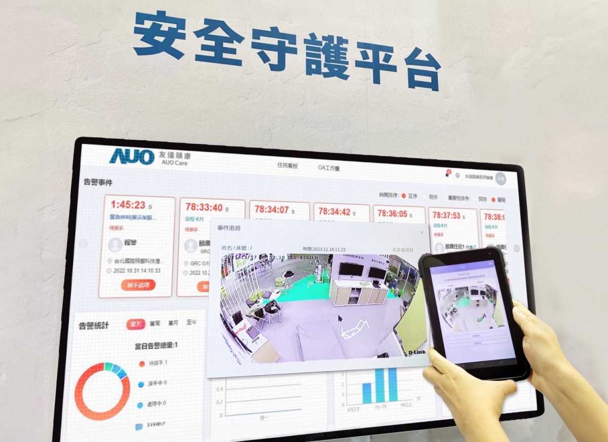 友達頤康整合軟硬體包含跌倒偵測、智慧床墊和緊急呼叫管理等，透過安全守護平台進行IoT設備統一監控與管理，提供長照場域落實安全守護方案